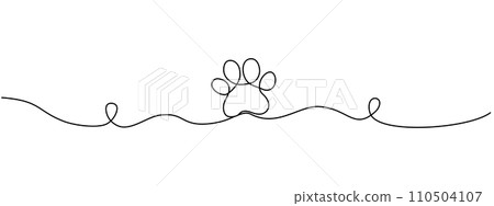 Drawing the paw of a dog or cat with a continuous line. Footprint design. One line art paw print. Vector illustration. 110504107