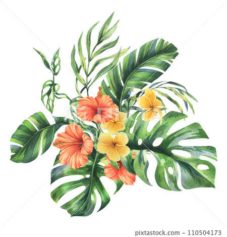 Tropical palm leaves, monstera and flowers of plumeria, hibiscus, bright juicy. Hand drawn watercolor botanical illustration. Composition isolated from the background. 110504173