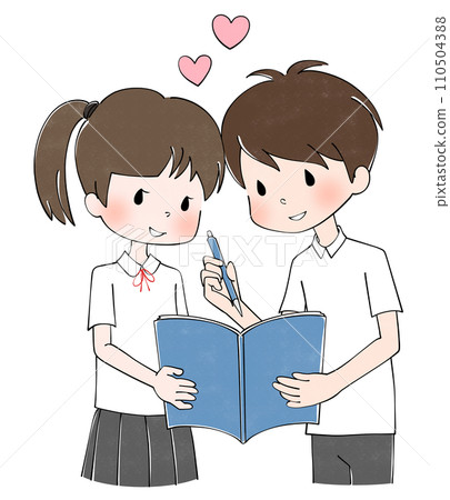 一個男孩和一個女孩穿著校服（夏裝）的插圖 110504388
