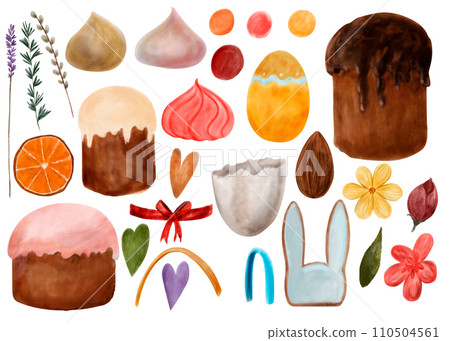 Set of watercolor illustrations Easter. Spring watercolor set, hand-drawn: Easter cakes, flowers, gingerbread, rabbit, meringue, eggs, ribbons, shells Set of watercolor illustrations Easter. Spring watercolor set, hand-drawn: Easter cakes, flowers, gingerbread, rabbit, meringue, eggs, ribbons, shells 110504561