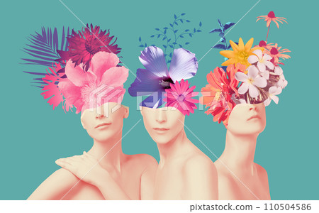 Abstract contemporary art collage portrait of young woman with flowers on face hides her eyes 110504586