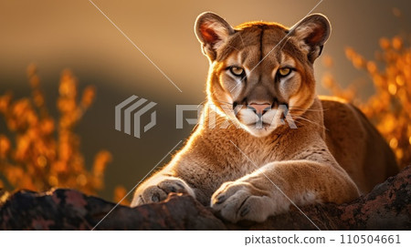 A majestic cougar on a rocky outcrop at sunset 110504661