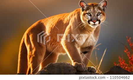A majestic cougar on a rocky outcrop at sunset 110504662