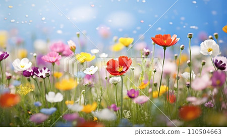 Flower field in sunlight, spring or summer garden background Flower field in sunlight, spring or summer garden background 110504663