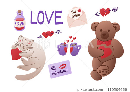 Romantic set of flat elements for Valentines day. Vector isolated items related to St Valentines day on white background. Teddy bear, cat, greeting card, love potion and hearts. Romantic set of flat elements for Valentines day. Vector isolated items related to St Valentines day on white background. Teddy bear, cat, greeting card, love potion and hearts. 110504666