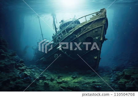 Sunken ship at the bottom of the ocean 110504708