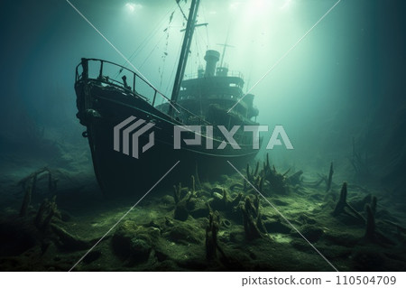 Sunken ship at the bottom of the ocean 110504709