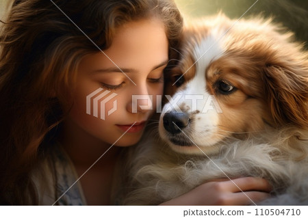 A girl hugging a dog 110504710