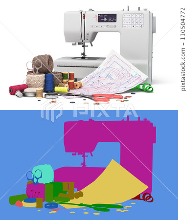 New sewing machine and accessories 3d render on white with alpha 110504772