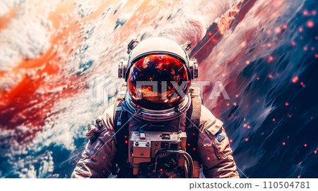 a lone astronaut hovers above a mysterious planet, 110504781