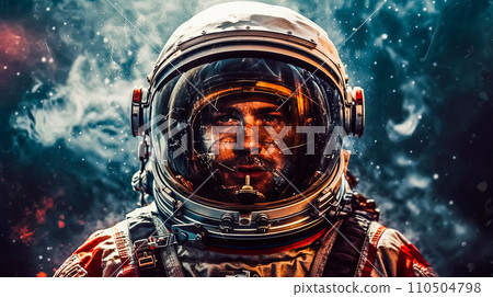 a lone astronaut hovers above a mysterious planet, 110504798