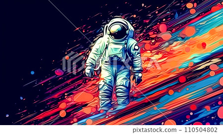 an astronaut in a sleek spacesuit confidently strides through otherworldly terrain 110504802