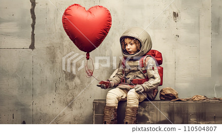 Kid in astronaut attire with a heart balloon Kid in astronaut attire with a heart balloon 110504807