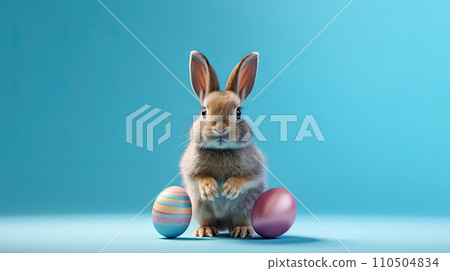 The Easter bunny is happy, sitting on colored paper 110504834