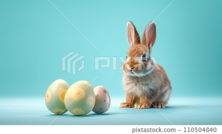 The Easter bunny is happy, sitting on colored paper 110504840