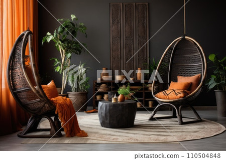 Wicker rattan armchair and table in the living room 110504848