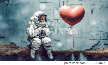 Child in suit sits with a heart balloon 110504874