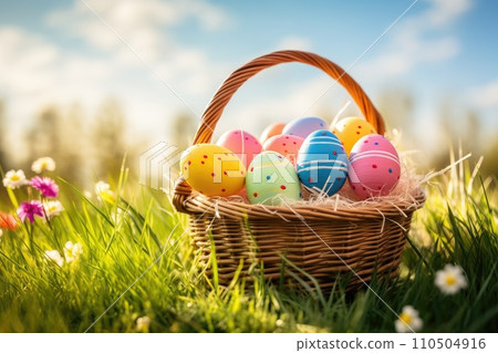 Basket of Easter eggs on green grass at sunny day. Basket of Easter eggs on green grass at sunny day. 110504916