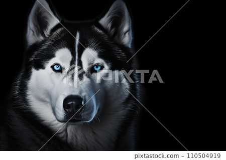 Siberian Husky dog with blue eyes on black background. Copy space for text. 110504919