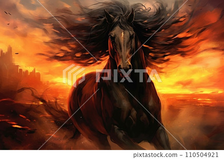 A horse with long hair running in front of a fiery sky 110504921