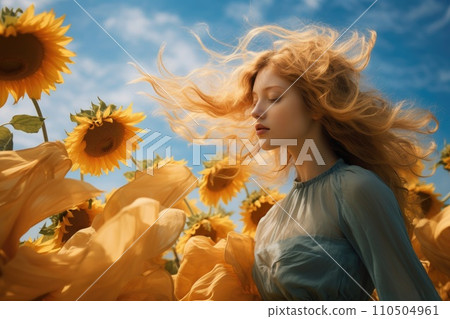 A woman with wind blowing hair in a field of sunflowers 110504961