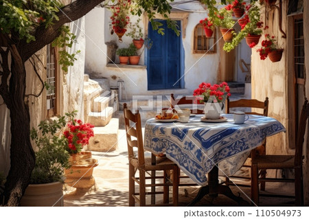 Greek culture with traditional white and blue greek architecture, taverna Greek culture with traditional white and blue greek architecture, taverna 110504973
