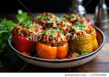 Classic roasted stuffed peppers in a pan Classic roasted stuffed peppers in a pan 110504998