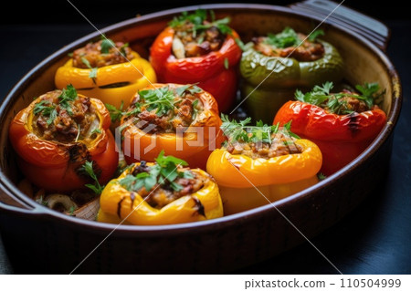 Classic roasted stuffed peppers in a pan 110504999
