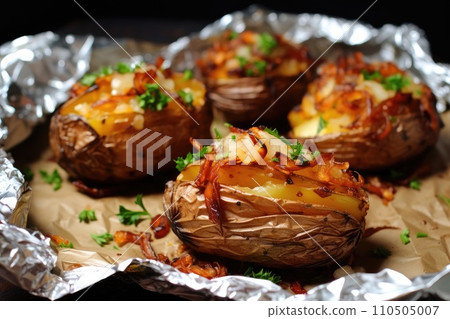 Baked potatoes with cheese and onions on foil 110505007