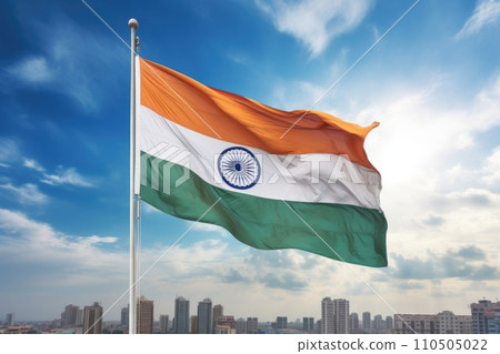 Indian flag waving on blue sky background in city 110505022