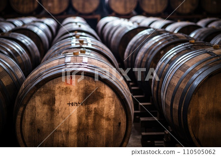 Wooden oak Port barrels in neat rows 110505062