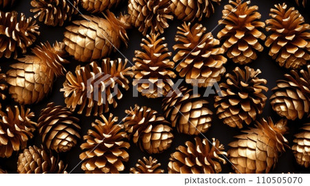 Golden pine cones on a Christmas background Golden pine cones on a Christmas background 110505070