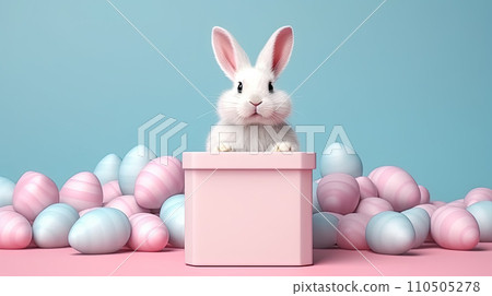 the Easter Bunny sits in a gift box surrounded by Easter eggs 110505278