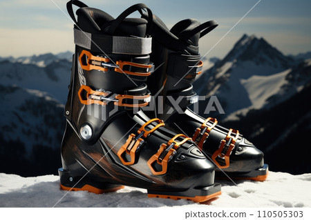 Side view of modern ski boot on mountain background 110505303