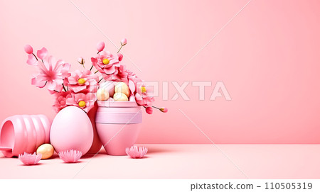 Festive basket, Overflowing with Easter eggs Festive basket, Overflowing with Easter eggs 110505319