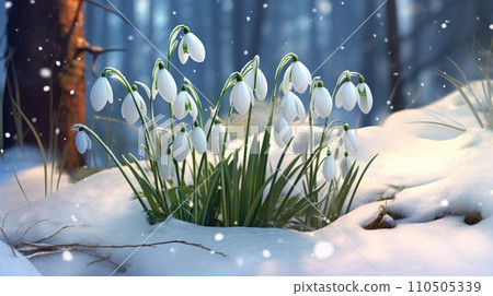 Snowdrop flowers blooming in snow covering. First spring flowers Snowdrop flowers blooming in snow covering. First spring flowers 110505339