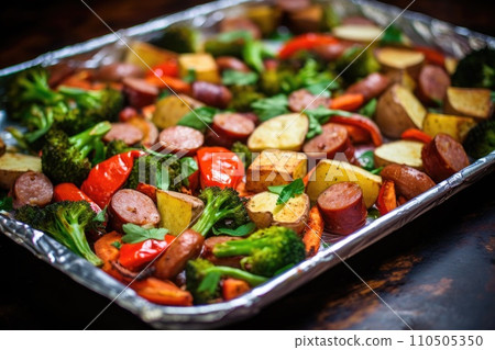 Baked sausage with vegetables on a baking sheet Baked sausage with vegetables on a baking sheet 110505350
