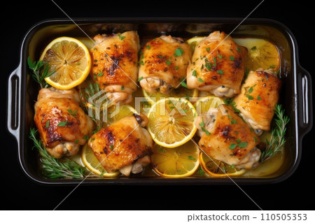 Butter chicken thighs with lemon in baking dish, top view 110505353