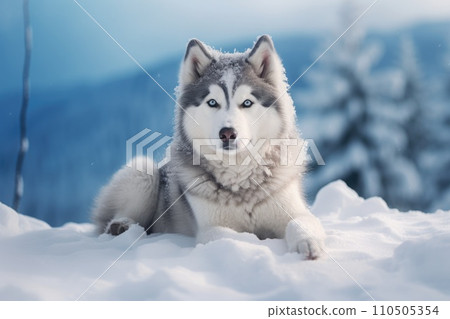 Siberian husky dog on snow Siberian husky dog on snow 110505354