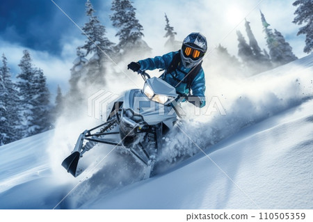 Drive snowmobile with fun in deep snow, Concept winter sports Drive snowmobile with fun in deep snow, Concept winter sports 110505359