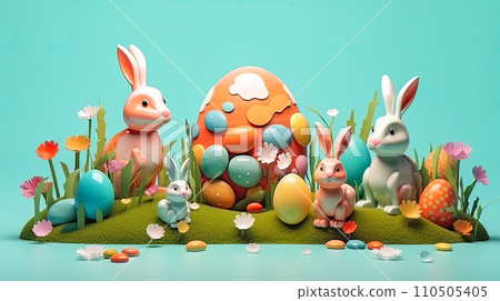 the Easter bunny sits surrounded by Easter eggs 110505405