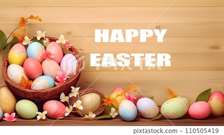 Joyful Easter, A basket brimming with colorful eggs Joyful Easter, A basket brimming with colorful eggs 110505419