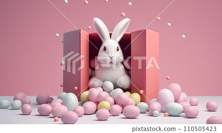 the Easter Bunny sits in a gift box surrounded by Easter eggs the Easter Bunny sits in a gift box surrounded by Easter eggs 110505423