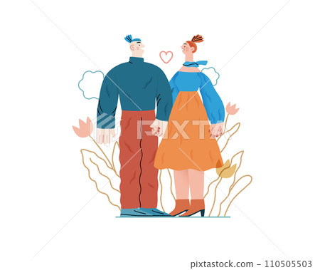 Valentine: Tender Moments -modern flat vector concept illustration of a couple in loving gaze, looking to each other holding hands. Metaphor of blossoming love, unity, affection, connection, growth Valentine: Tender Moments -modern flat vector concept illustration of a couple in loving gaze, looking to each other holding hands. Metaphor of blossoming love, unity, affection, connection, growth 110505503