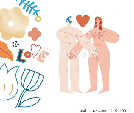 Valentine: Embrace of Love - modern flat vector concept illustration of a loving embrace between partners, accented with playful love icons and florals. Metaphor of shared affection, love, connection Valentine: Embrace of Love - modern flat vector concept illustration of a loving embrace between partners, accented with playful love icons and florals. Metaphor of shared affection, love, connection 110505504