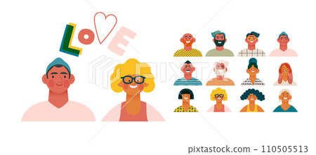 Valentine: Spectrum of Love - modern flat vector concept illustration of a vibrant array of individual portraits celebrating love's diverse expressions. Metaphor for the universal language of love Valentine: Spectrum of Love - modern flat vector concept illustration of a vibrant array of individual portraits celebrating love's diverse expressions. Metaphor for the universal language of love 110505513