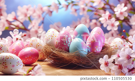 Festive basket, Overflowing with Easter eggs 110505530