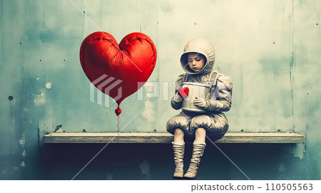 Kid in astronaut attire with a heart balloon Kid in astronaut attire with a heart balloon 110505563