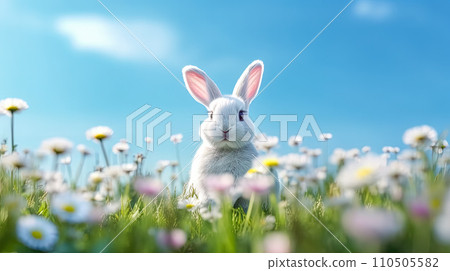 Easter joy in bloom, A bunny frolics in a spring field 110505582