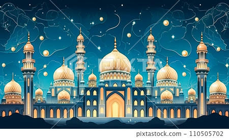 Sacred glow, A mosque aglow with celebration lights 110505702